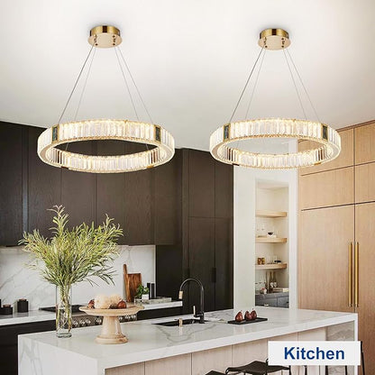 Depuley Modern LED Crystal Chandeliers: 23.6" Ring Chandelier Hanging Crystal Ceiling Light Fixture - 30W Adjustable Height Pendant Light for Living Room Dining Room Bedroom Foyer