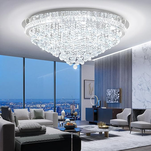 Dia 40" Modern Crystal Chandeliers for Living Room,Silver Large Chandelier Flush Mount Chandeliers for Bedrooms Dining Room Dimmable 2700k 4500k 6000k