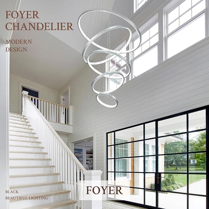 5 Ring Modern LED Chandelier Dimmable Silver High Ceiling Chandeliers for Foyer, LED Contemporary Large Pendant Lighting with Remote Control Circular for Living Room Staircase, 3000K-6500K