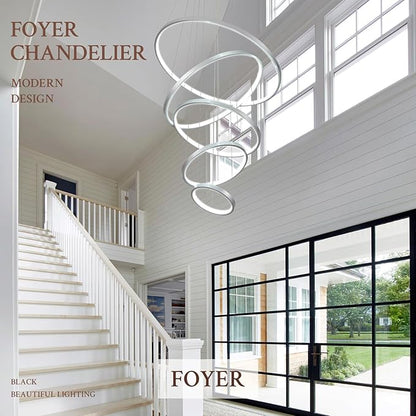 5 Ring Modern LED Chandelier Dimmable Silver High Ceiling Chandeliers for Foyer, LED Contemporary Large Pendant Lighting with Remote Control Circular for Living Room Staircase, 3000K-6500K