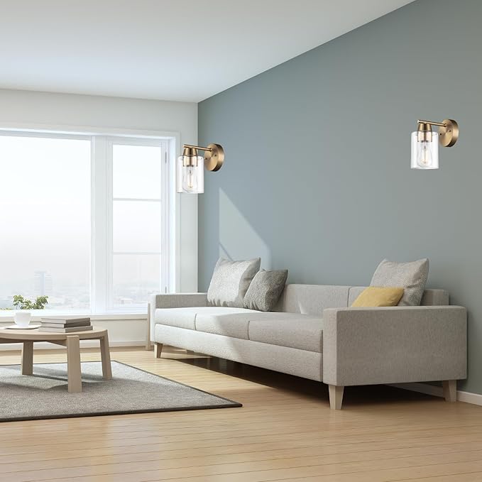Set of Two Modern Wall Sconces,1-Light Gold Vanity Light Fixtures, Matte Brass Farmhouse Wall Mount Lights with Metal Clear Glass for Bathroom Mirror Living Room Bedroom Hallway E26 Base