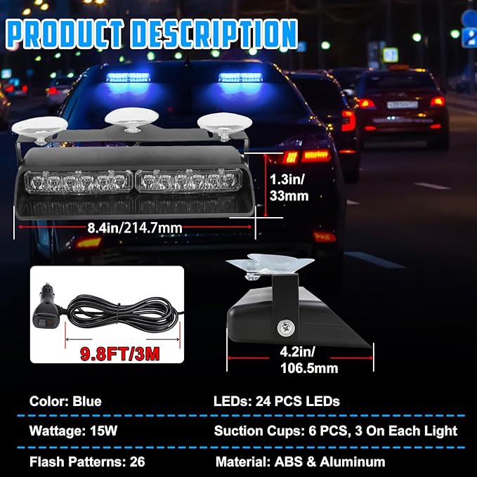 2-in-1 Blue LED Warning Dash Windshield Strobe Lights, 26 Modes 12/24V Emergency Traffic Advisor 2 x 8.4 Inch Car Front/Rear Dash Windshield Strobe for Trucks Vehicles Snow Plow
