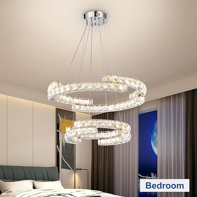 Depuley Modern LED Crystal Chandeliers: 23.6" Curved Ring Chandelier Hanging Crystal Ceiling Light Fixture - 65W Adjustable Height Pendant Light for Living Room Dining Room Bedroom Foyer