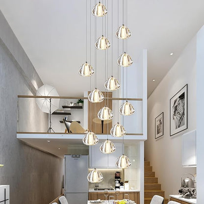 Modern Crystal Chandelier 14-Lights High Ceiling Raindrop Chandelier Lighting Fixture, Large LED Round Indoor Lighting Fixture Black for Foyer Staircase Living Room