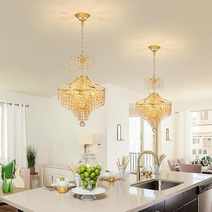 WUZUPS Golden-Hued Crystal Chandelier Pendant Flushmount Ceiling Light Modern Lighting Fixture for Bedroom Hallway Bar Kitchen Bathroom, H 20.1" x W 14.7", Gold, G9 Base
