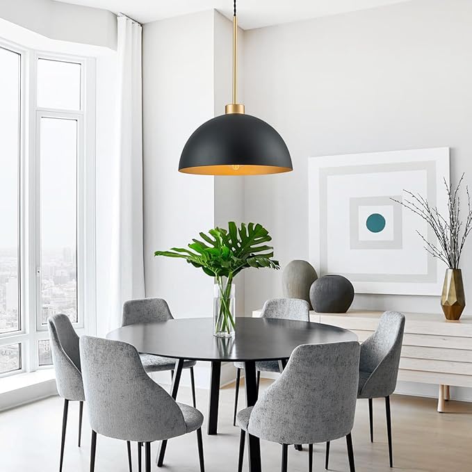 2 Pack Farmhouse Kitchen Island Pendant Lights, Black and Gold Dome Pendant Light Fixture with Metal Shade, Industrial Hanging Lighting for Dining Room Entryway Foyer, Height Adjustable
