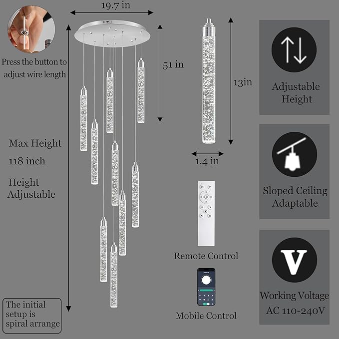 Crystal Staircase Chandelier, Modern Chrome Spiral Dimmable LED Cluster Raindrop Foyer Chandelier Lighting, Bubble Living Room Hanging Light Fixture 9 Light Remote Control
