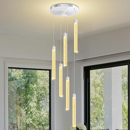 Silver 6-Light Modern Crystal Spiral Chandelier for Staircase High Ceiling Chandeliers Bubble Crystal Chandelier Lighting Cluster Hanging Light Fixture for Living Room Foyer