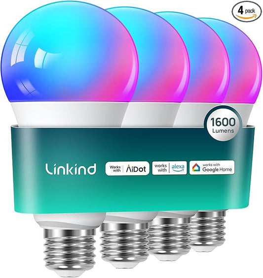 Linkind Smart Light Bulbs, 1600LM (100W Equivalent) A21 Smart Bulb, Compatible with Alexa & Google Home, 14W E26 RGBTW Color Changing Bulb with Music Sync, 2.4GHz Wi-Fi & Bluetooth, 4Pack