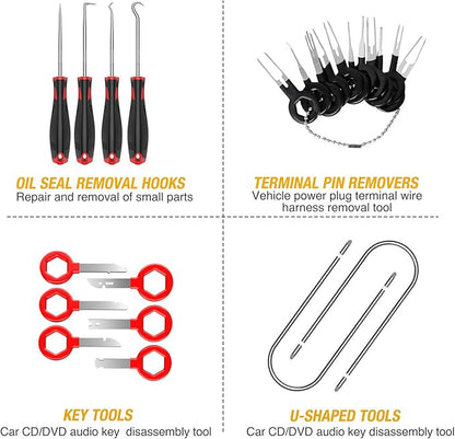 GOOACC 40Pcs Trim Removal Tool,Auto Terminal Removal Key Tool,Auto Clip Pliers Stereo Removal Tools,Car Upholstery Repair Removal Kit,Precision Hook and Pick Set,Wiring Threader,Car Film Scraper