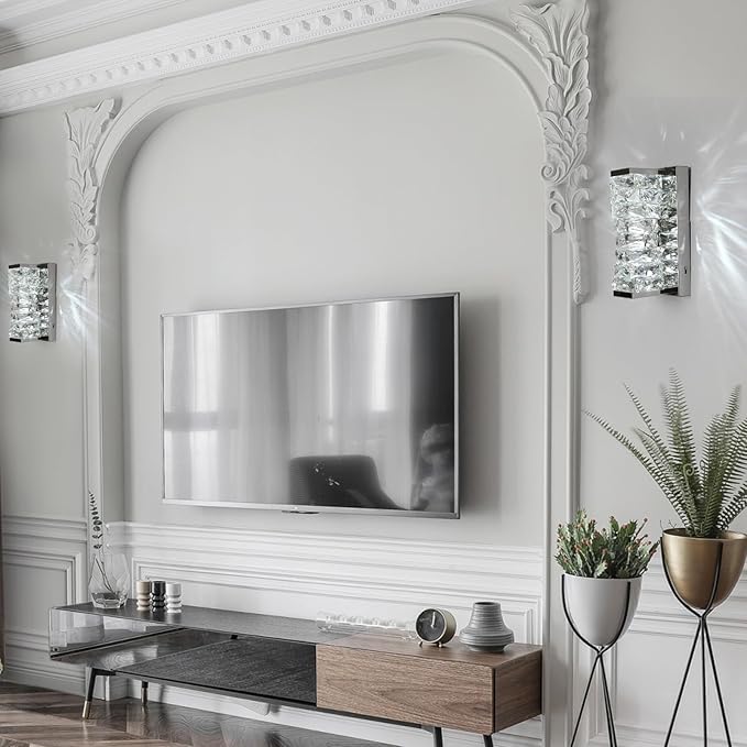 HuisMier Chrome Crystal Wall Sconces, Modern Dimmable LED Wall Light Fixtures with 3 Color Temperature, K9 Elegant Crystal Vanity Wall Lighting for Bathroom Bedroom Living Room Stairway Hallway