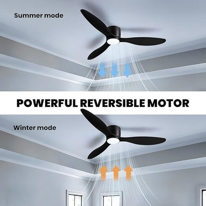 LUDOMIDE Ceiling Fans with Lights,52 Inch Low Profile Ceiling Fan with Wall Control and Remote Control,Dimmable,Flush Mount Ceiling Fan with Noiseless DC Reversible Motor for Bedroom Indoor Use