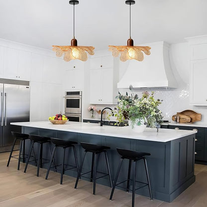 Amber Glass Pendant Light Vintage Kitchen Island Over Hanging Lights 13-inch Glass Shade Natural Wood Chandelier for Living Room Dining Room Bedroom, 1-Light