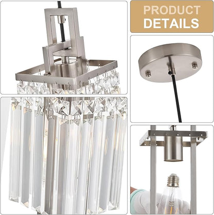 Modern Brushed Nickel Pendant Light Fixture for Kitchen Island and Dining Room, Industrial Small Hanging Crystal Chandelier Light Fixture for Bedroom Entryway Living room Foyer Hallway 1-Pack