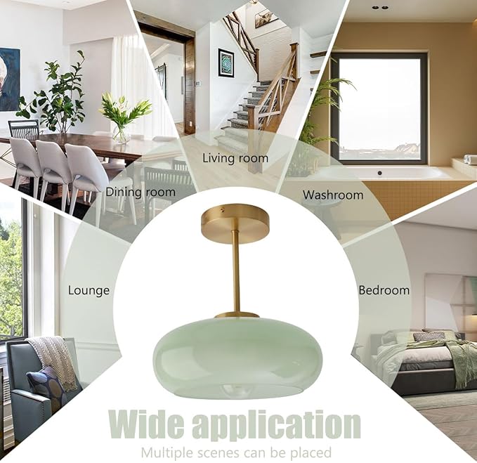 Milk Ceiling Light mid Century Modern Ceiling Light fixtures with Milk Green Glass Shade Gold Semi Flush Mount Ceiling Light, Vintage Glass Ceiling Lamp Hallway Dining Room Kitchen