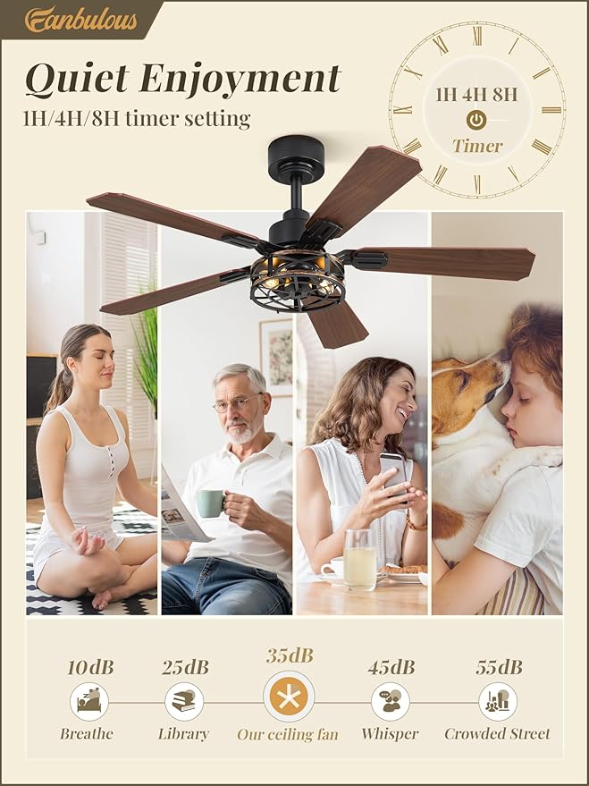 Fanbulous 1 Pack 42 Inch Rustic Caged Ceiling Fan with Lights, Black Farmhouse Ceiling Fans for Bedroom Living Room, Double-Sided 5 Blades Rustic Ceiling Fan