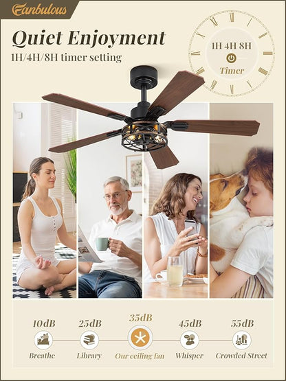 Fanbulous 2 Pack 42 Inch Rustic Caged Ceiling Fan with Lights, Black Farmhouse Ceiling Fans for Bedroom Living Room, Double-Sided 5 Blades Rustic Ceiling Fan
