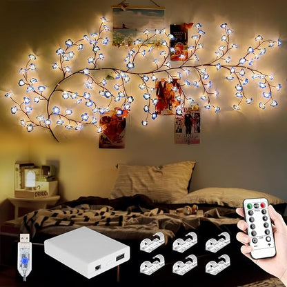 FNHMSL Cherry Enchanted Willow Vine Lights, 4FT 48LED Blue Cherry Blossom Tree Branch Lights for Wall with USB Battery Box,Remote Timer,8 Light Model, Indoor Bedroom Wall Doors Wedding, Christmas