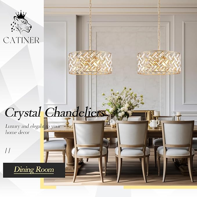 CATINER Gold Crystal Chandelier Modern 18" Round Semi Flush Mount Ceiling Light for Dining Living Room Bedroom & Foyer - Large Round Pendant Fixture