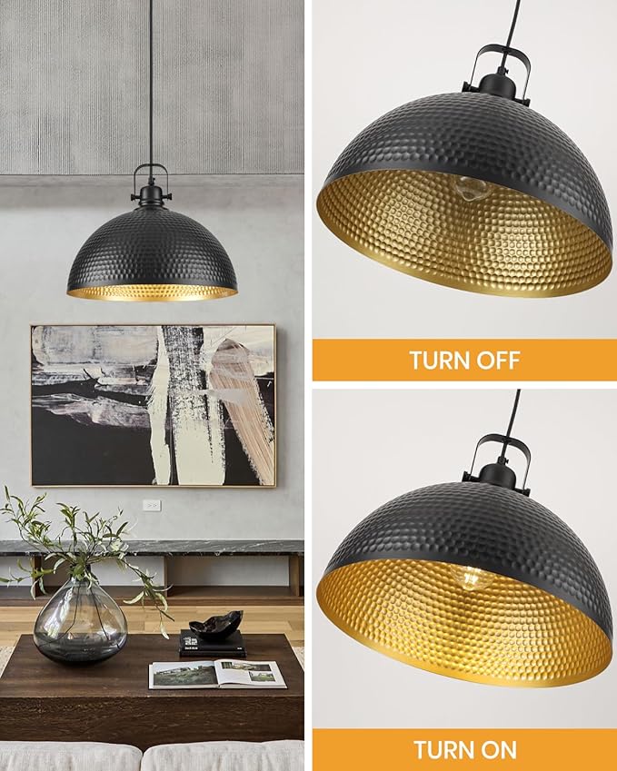 16 Inch Black and Gold Pendant Light Fixtures, Large Hammered Pendant Lights Kitchen Island, Vintage Dome Pendant Light for Kitchen, Dining Room, Bedroom,Bar