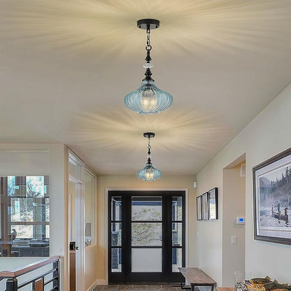 3-Light Chandelier,Black Farmhouse Pendant Light Fixture for Kitchen,Adjustable Hanging Lighting with Blue Glass Shade for Hallway Bedroom Entryway Dining Room Island