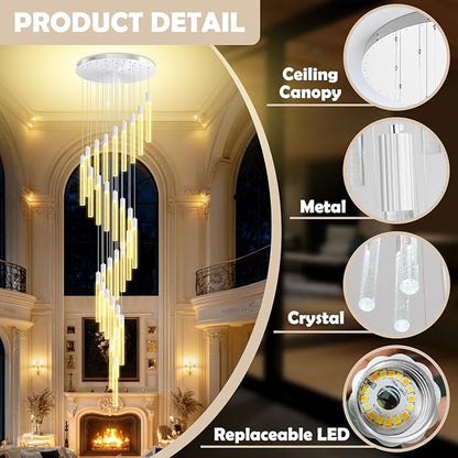 D28inxH177in Long Crystal Column Chandelier Large Staircase Chandelier for High Ceiling 30-Light Dimmable LED Pendant Lighting Foyer Entryway Light Source is Replaceable