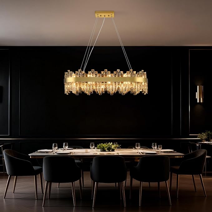 Weesalife Gold Crystal Chandeliers for Dining Room, 20 Lights Modern Oval Chandelier for Lining Room, Rectangular Crystal Pendant Light Fixture for Kitchen Island Bar L36 Inch