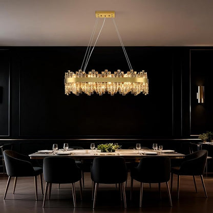 Weesalife Gold Crystal Chandeliers for Dining Room, 20 Lights Modern Oval Chandelier for Lining Room, Rectangular Crystal Pendant Light Fixture for Kitchen Island Bar L36 Inch