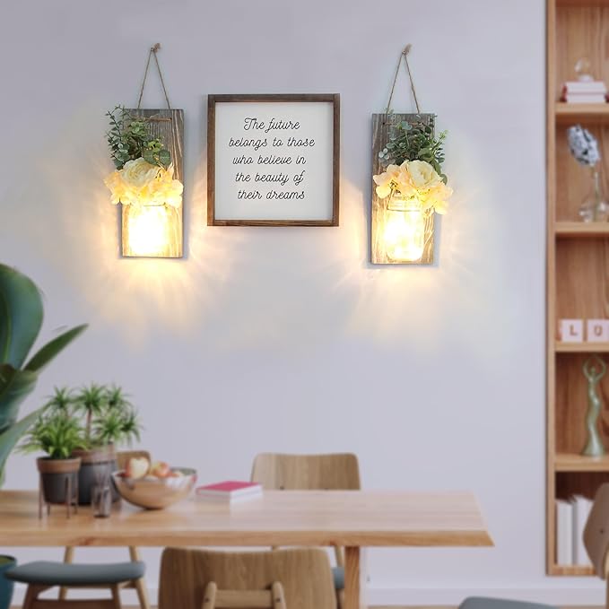 Modern Farmhouse Wall Decor Set of 2, Rustic Wall Art Living Room Decor with Led Fairy Lights and Rose Flowers, Country Home Decor Gifts, X-Large Rustic Grey