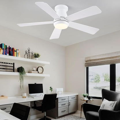 Hounberi 46 Inch Low Profile Ceiling Fan with Light, Modern Flush Mount Ceiling Fans for Low Ceilings, Quiet DC Motor Bedroom Fan, 3CCT Dimmable, Reversible Blades, High Airflow, Energy Saving, White