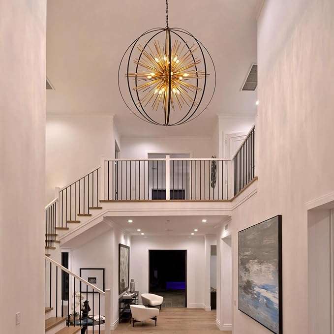 43.3" Black Gold Large Globe Sputnik Chandelier, 18-Light Mid Century Modern Starburst Golden Solid Metal Satellite Light Fixture for High Ceiling Living Room Dining Room Stairway, E12