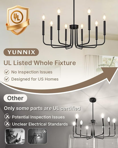 Yunnix 8 Light Black Chandelier for Dining Room Light Fixture, Modern Farmhouse Chandelier Candle for Bedroom, Entryway, Foyer, Staircase, Kitchen and Living Room