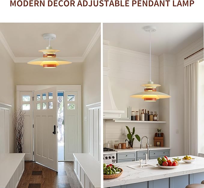 EFINEHOME Modern Decor Adjustable Pendant Lamp Kitchen Island, Aluminum and Wood Finish,1-Light E26 Base Ceiling Hanging Light for Dining Room Shop Restaurant (Beige+Dark Wood Grain, 35cm)