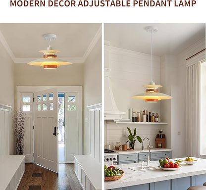 EFINEHOME Modern Decor Adjustable Pendant Lamp Kitchen Island, Aluminum and Wood Finish,1-Light E26 Base Ceiling Hanging Light for Dining Room Shop Restaurant (Beige+Dark Wood Grain, 35cm)