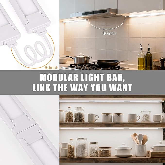 2 Pcs 14inch Plug in Under Cabinet Lighting for Kitchen, 6500k Bright White LED Under Counter Wired Lights for Shelf/Bookshelf/Workbench/Over Sink Linkable 110V LED Light Bar