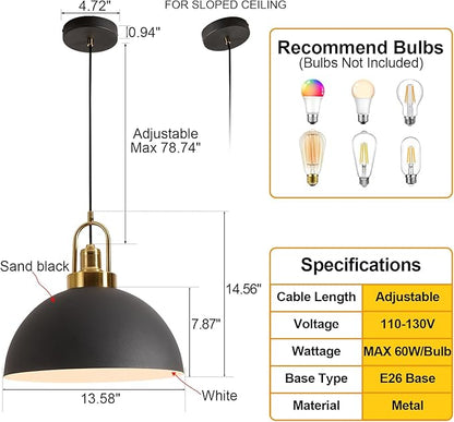 Vintage Industrial Black and White Iron Pendant Light,Hallway - Diameter 13.58 "- Wire Length 78.74",Copper Socket Pendant Light, Suitable for Kitchen Islands,