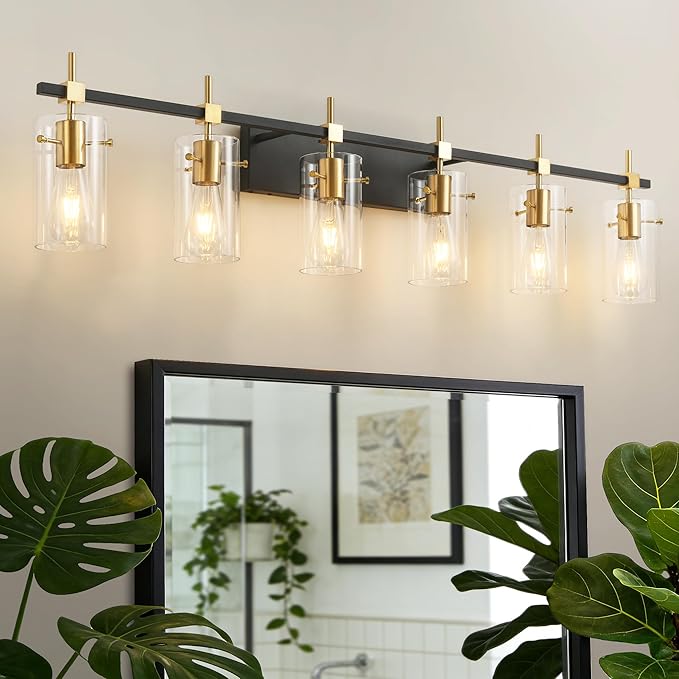 SOLFART 49.2 inch Vanity Light fixtures Vintage 6 Lights Wall Light Fixtures Above Mirror for Bathroom Brass and Black with Clear Glass Shade (Exclude Bulb)