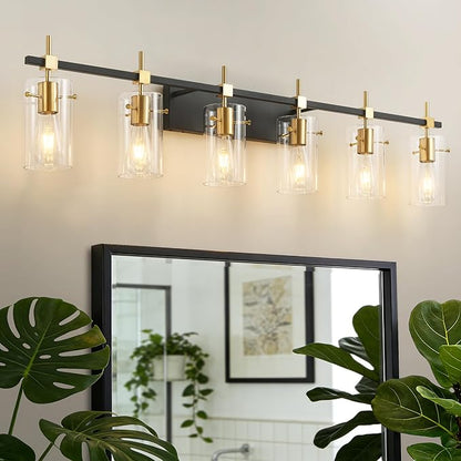 SOLFART 49.2 inch Vanity Light fixtures Vintage 6 Lights Wall Light Fixtures Above Mirror for Bathroom Brass and Black with Clear Glass Shade (Exclude Bulb)
