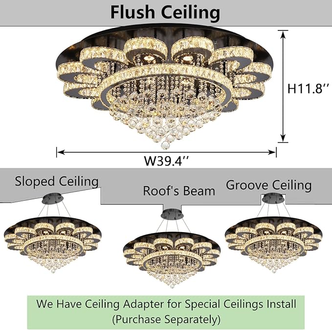 HAIXIANG Modern Chandelier Living Room Light Glam Chandeliers Ceiling Light Fixture Remote Dimmable Lights 40 Inches Luxury Crystal Black Dining Room Lights