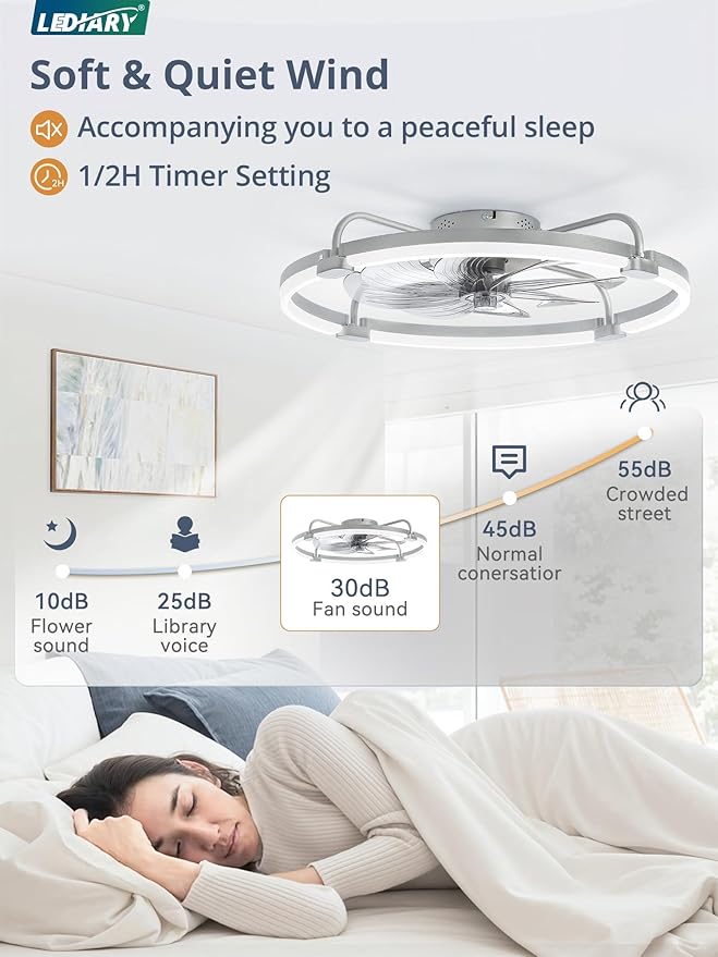LEDIARY 2 Pack Ceiling Fans with Lights and Remote, 24'' Low Profile Ceiling Fan with Light, 3000-6000K Dimmable Fandelier LED Fan Light, 6 Wind Speeds, Grey Flush Mount Ceiling Fan for Bedroom