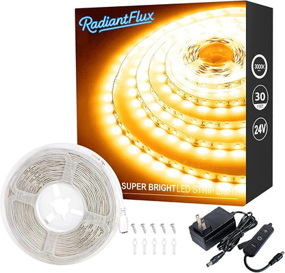 RadiantFlux 30ft Warm White Led Strip Lights for Living Room, Home Decor, 540 LEDs, Dimmable, Super Bright Flexible LED Light Strips for Bedroom, Kitchen, Vanity Mirror, House Warming Gifts New Home