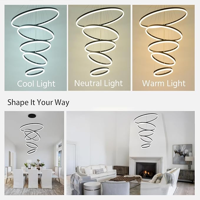 5 Rings Modern LED Chandelier Black Large High Ceiling Chandeliers with Remote Control Contemporary Pendant Light Dimmable for Staircase Entryway Living Room Foyer Villa(3000K-6500K D31.5)
