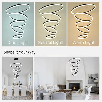 5 Rings Modern LED Chandelier Black Large High Ceiling Chandeliers with Remote Control Contemporary Pendant Light Dimmable for Staircase Entryway Living Room Foyer Villa(3000K-6500K D31.5)