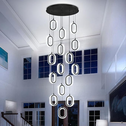 Modern Large Ring Chandelier for High Ceiling Black Stair Chandeliers for Foyer LED Crystal Ring Drop Chandelier Dimmable 2700K-6000K 16-Light