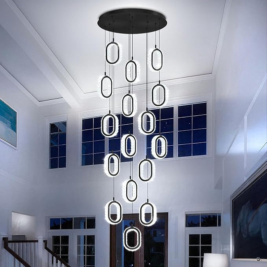 Modern Large Ring Chandelier for High Ceiling Black Stair Chandeliers for Foyer LED Crystal Ring Drop Chandelier Dimmable 2700K-6000K 16-Light