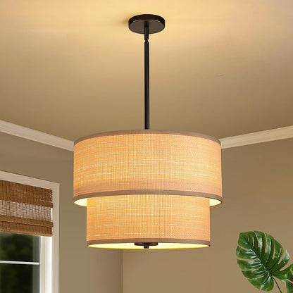 RUIYEY Rattan Chandelier Light Fixtures: 17 inch Large Boho Pendant Lights with Wicker Lampshade, E12 5 Lights Height Adjustable Hand Woven Drum Chandeliers for Dining Room Kitchen Living Room
