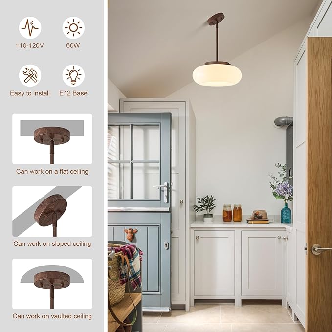 WOKNOS Mid-Century Modern Faux Walnut Wood Semi Flush Mount Ceiling Light, 3-Light Kitchen Light Fixtures with Glass Shade for Entryway Hallway Bathroom Bedroom (12.6 Inch)