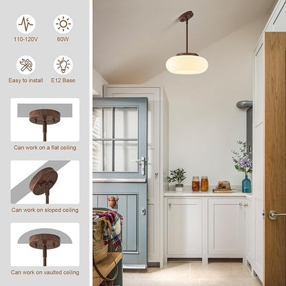 WOKNOS Mid-Century Modern Faux Walnut Wood Semi Flush Mount Ceiling Light, 3-Light Kitchen Light Fixtures with Glass Shade for Entryway Hallway Bathroom Bedroom (12.6 Inch)