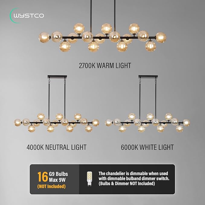 56 Inch Black Linear Chandeliers for Dining Room, Kitchen Island, Living Room, 16-Light Mid Century Modern Light Fixture Over Table, Large Amber Glass Globe Sputnik Bubble Chandelier