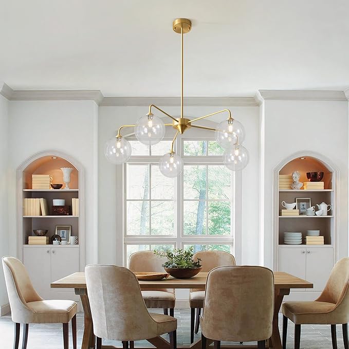 Mid Century Modern Sputnik Chandelier Brass 5 Light Gold Chandelier Clear Glass Globe Sputnik Chandelier for Dining Room Bedroom Kitchen